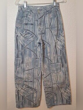 Forever 21 Premium Patchwork Distressed Wide Leg Jeans Sz 26